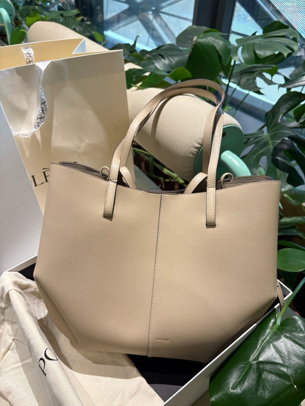 Polene Beige Crossbody Tote Bag - Neutral Pebble Leather